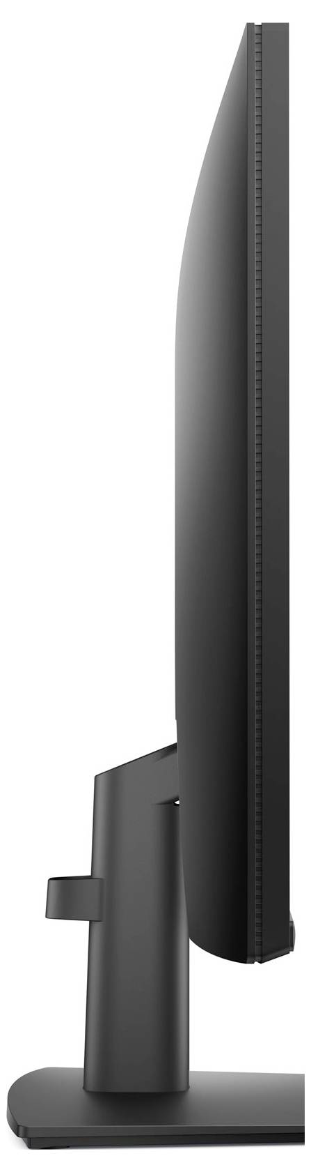 Een slanke zwarte computermonitor van opzij bekeken op een standaard, met zichtbaar het dunne profiel en minimalistische ontwerp.