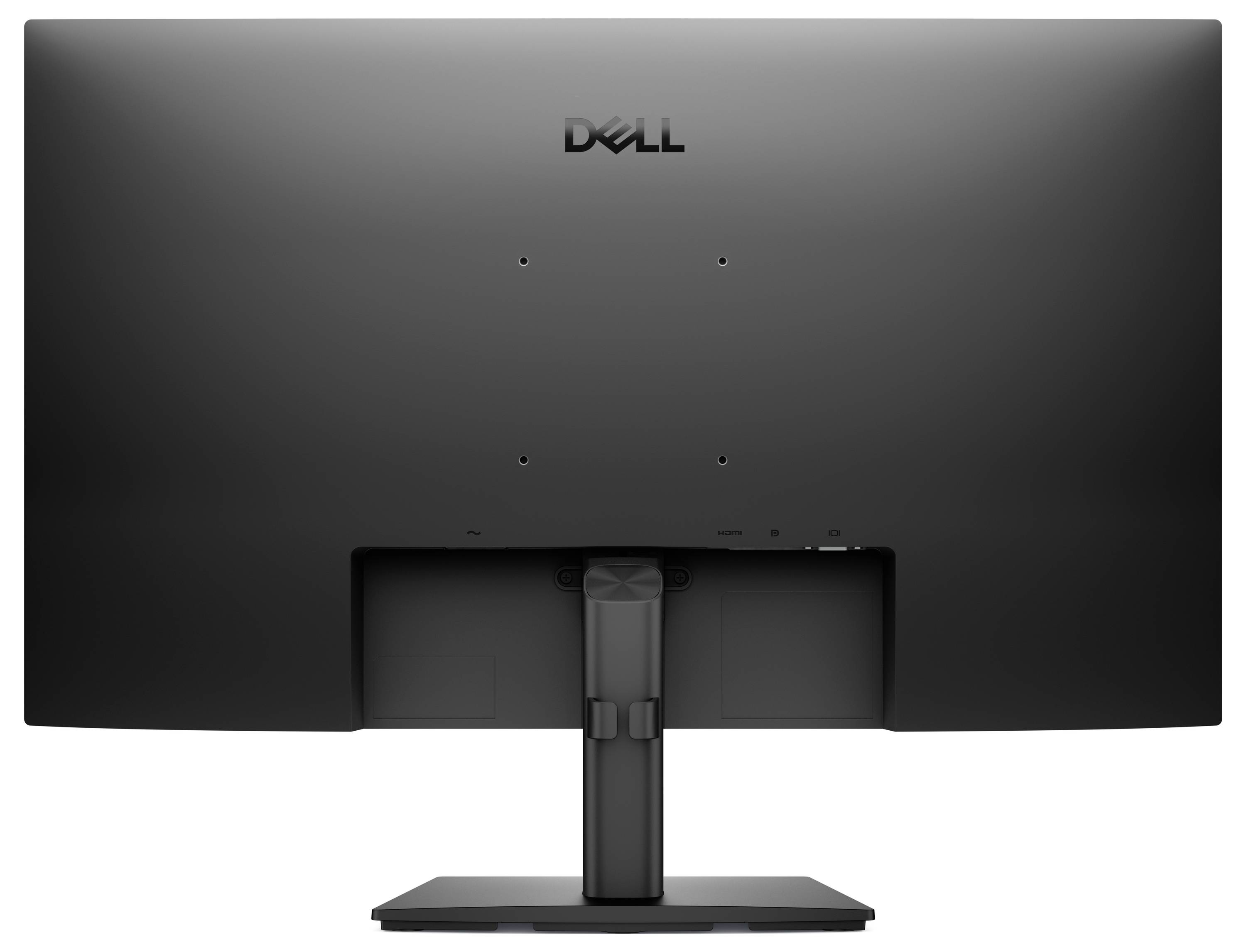 De afbeelding toont de achterkant van een Dell-computermonitor met een verstelbare standaard en een centraal scharnier voor verticale beweging.