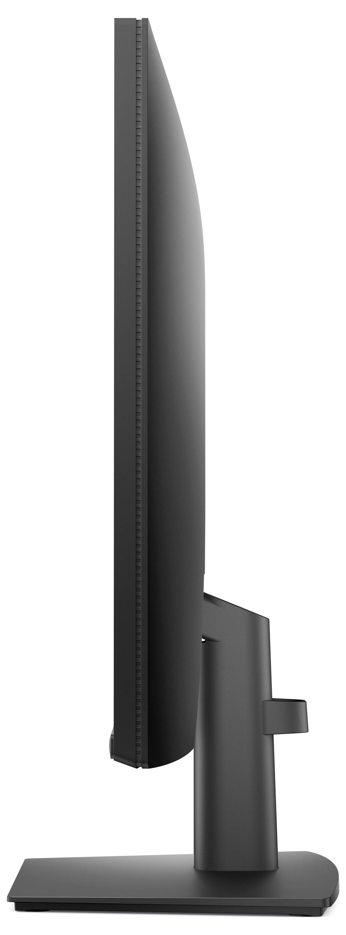 Zijkant van een moderne platte computermonitor met een smal zwart frame en verstelbare standaard op een vlakke basis.