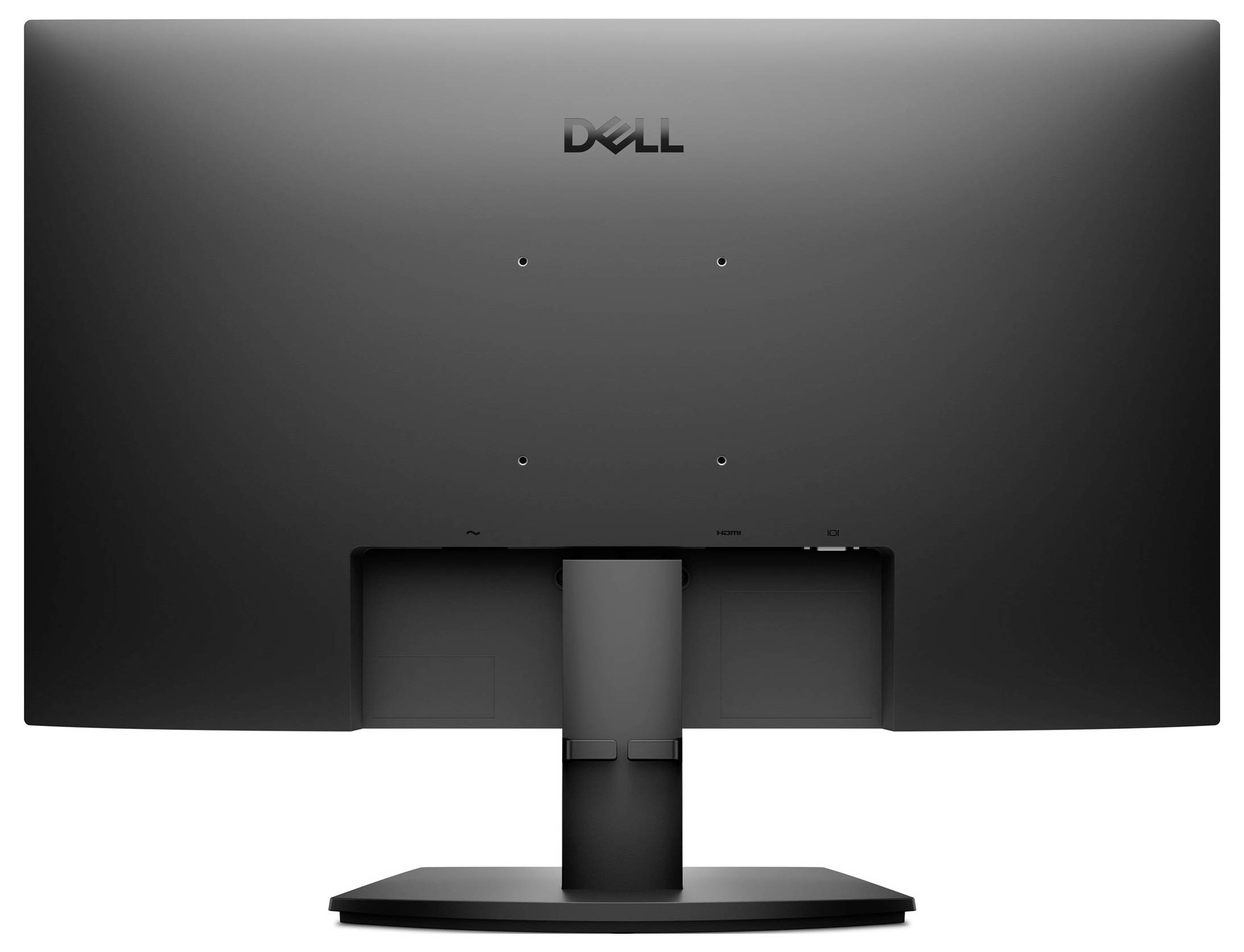 Achteraanzicht van een zwarte Dell-computermonitor met standaard, met zichtbare bevestigingspunten en merklogo gecentreerd bovenaan.