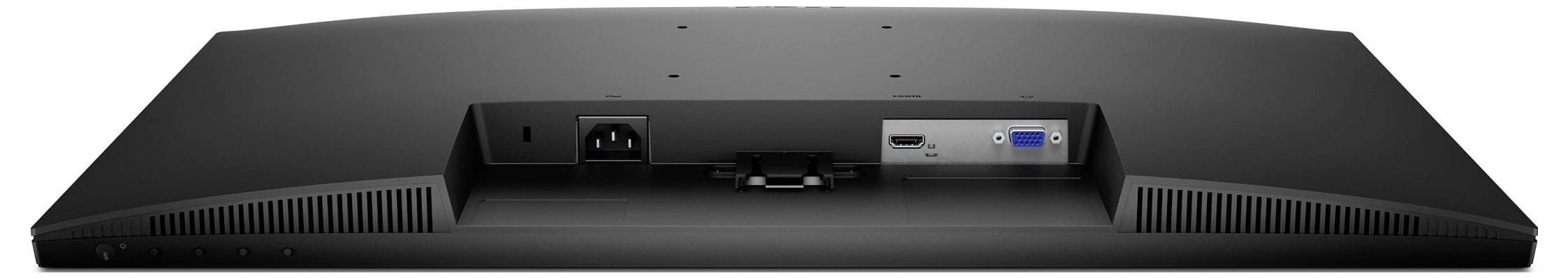 Achterkant van een computermonitor met stroomtoevoer, HDMI en VGA-aansluitingen.