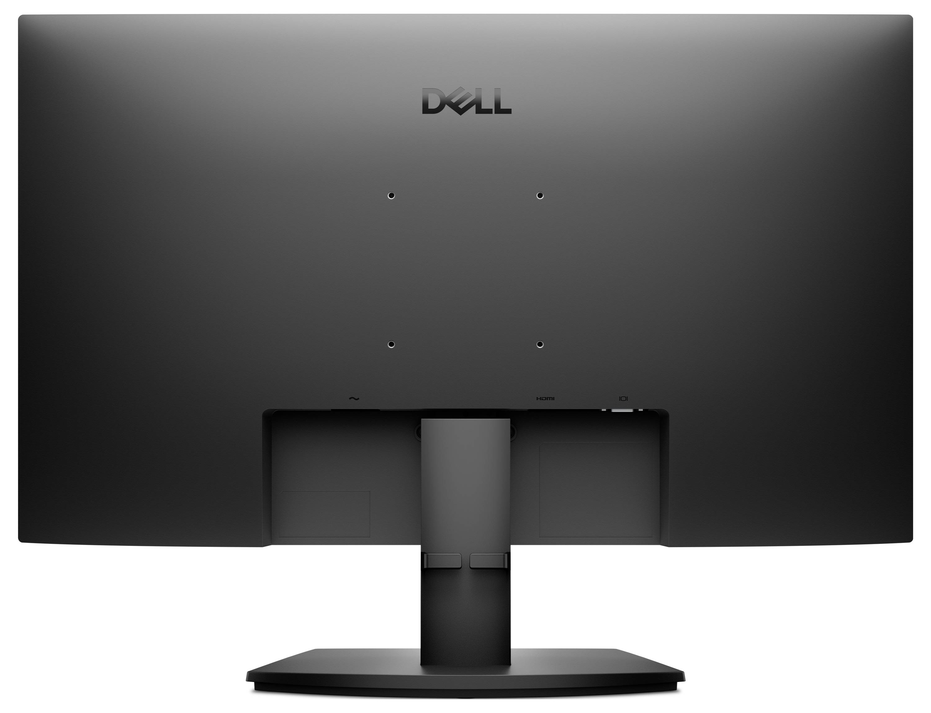 Achteraanzicht van een zwarte Dell-monitor, met het standaard en het ontwerp van de achterkant zichtbaar.