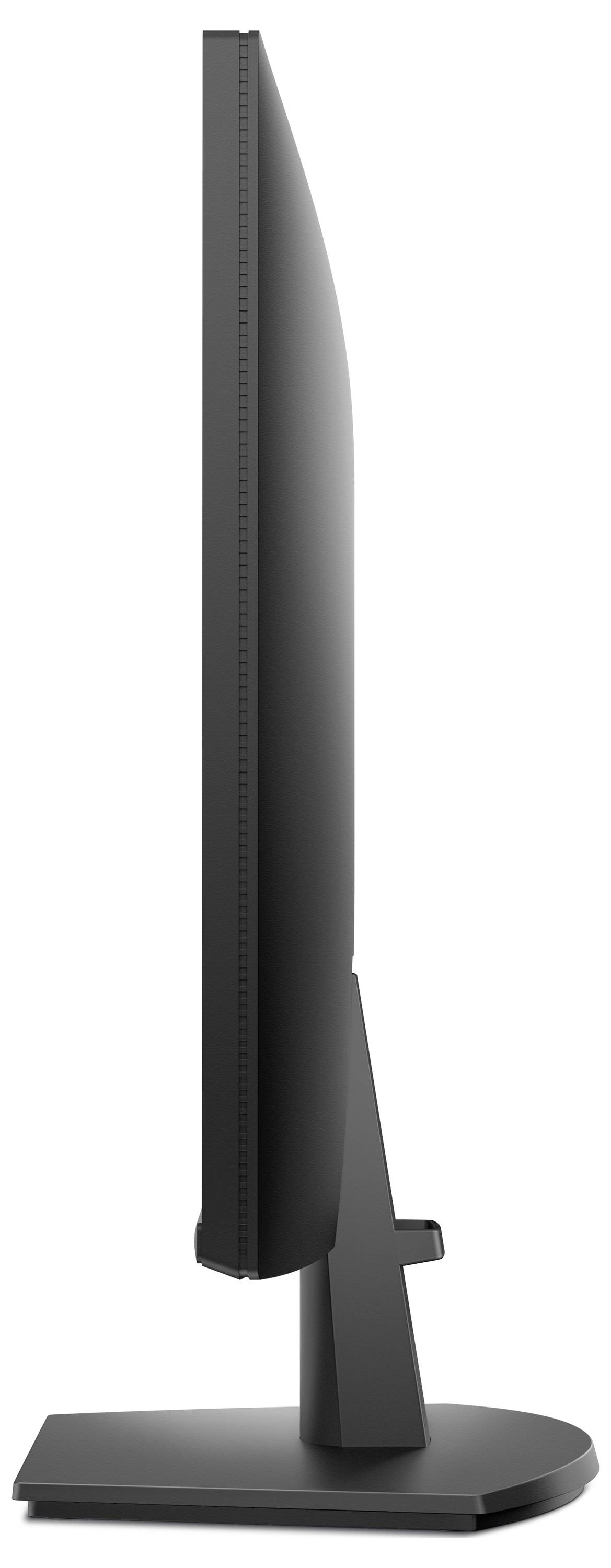 Zijkant van een slanke, zwarte computermonitor op een rechthoekige standaard, die het dunne profiel en modern design benadrukt.