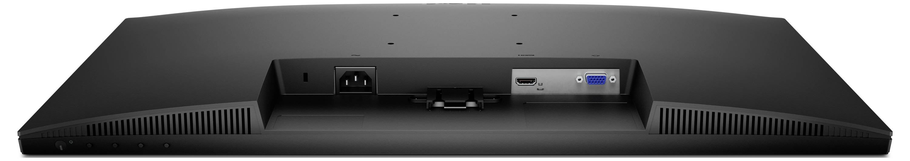 Achterkant van een zwarte monitor met stroomvoorziening, HDMI- en VGA-poorten voor connectiviteitsopties.