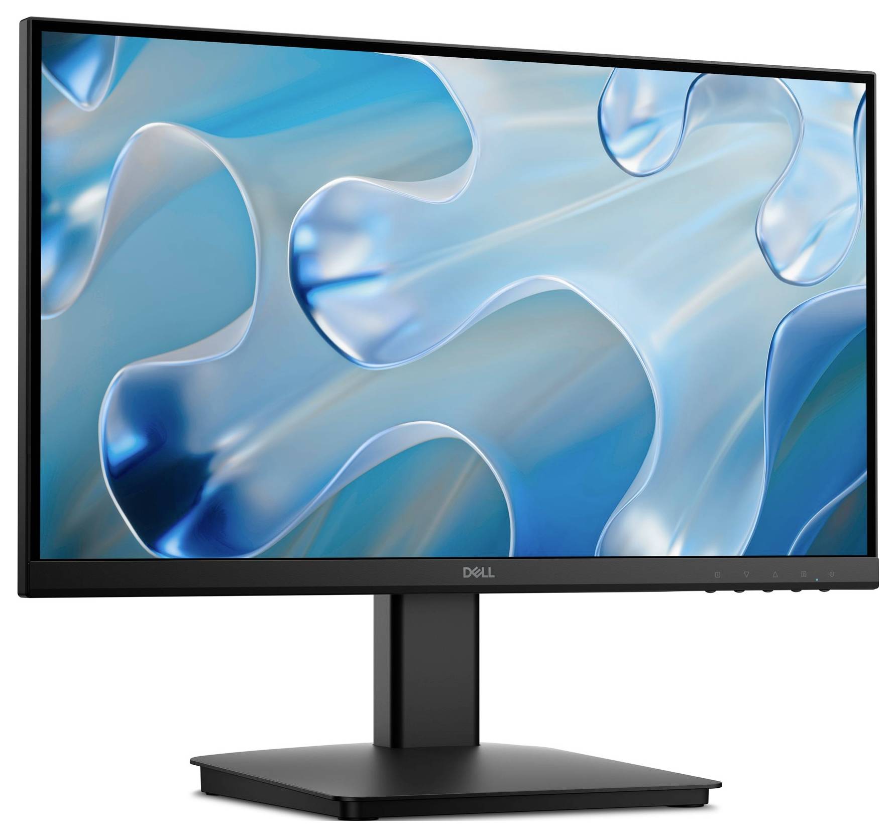 Een computermonitor die een abstract blauw en wit golfpatroon op het scherm weergeeft, met een zwarte voet en rand.