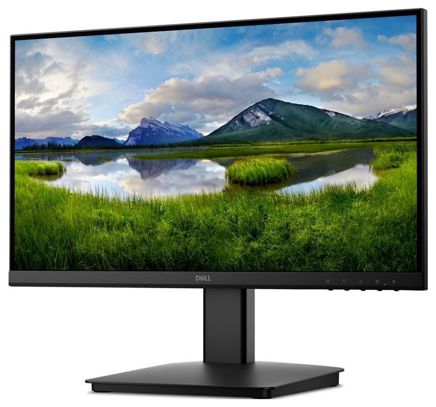 Een computermonitor die een serene landschap weergeeft met bergen en een meer dat de bewolkte blauwe lucht weerspiegelt.