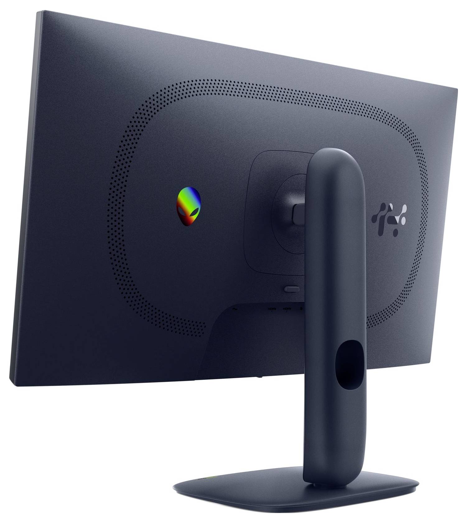 De afbeelding toont de achterkant van een moderne, slanke computermonitor met een kleurrijk buitenaards logo erop, met een slanke, gebogen standaard.