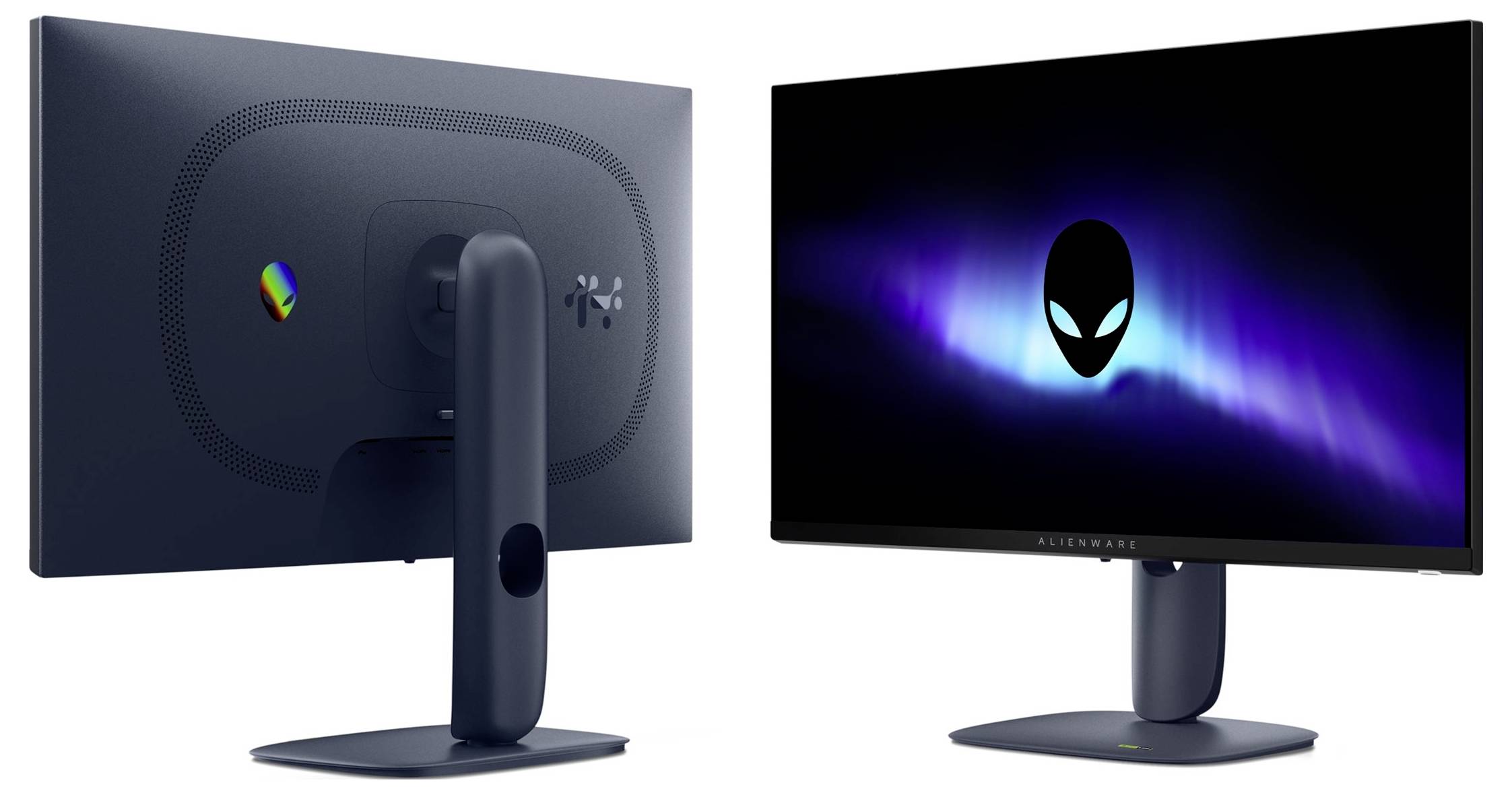 Twee weergaven van een computermonitor: de voorkant toont een gloeiend buitenaards logo op een blauwe achtergrond, de achterkant toont een eenvoudig ontwerp met standaard.