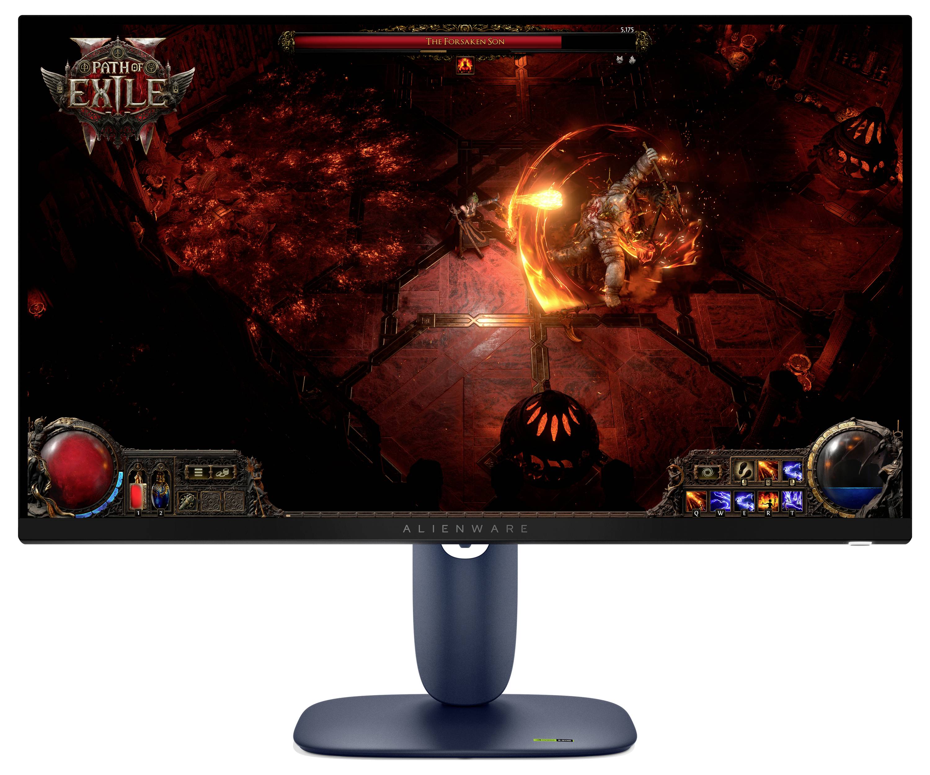Een computermonitor toont een speelscène uit een fantasy-themed videogame die zich in een donkere kerker afspeelt, met een krijgerkarakter dat in gevecht is.