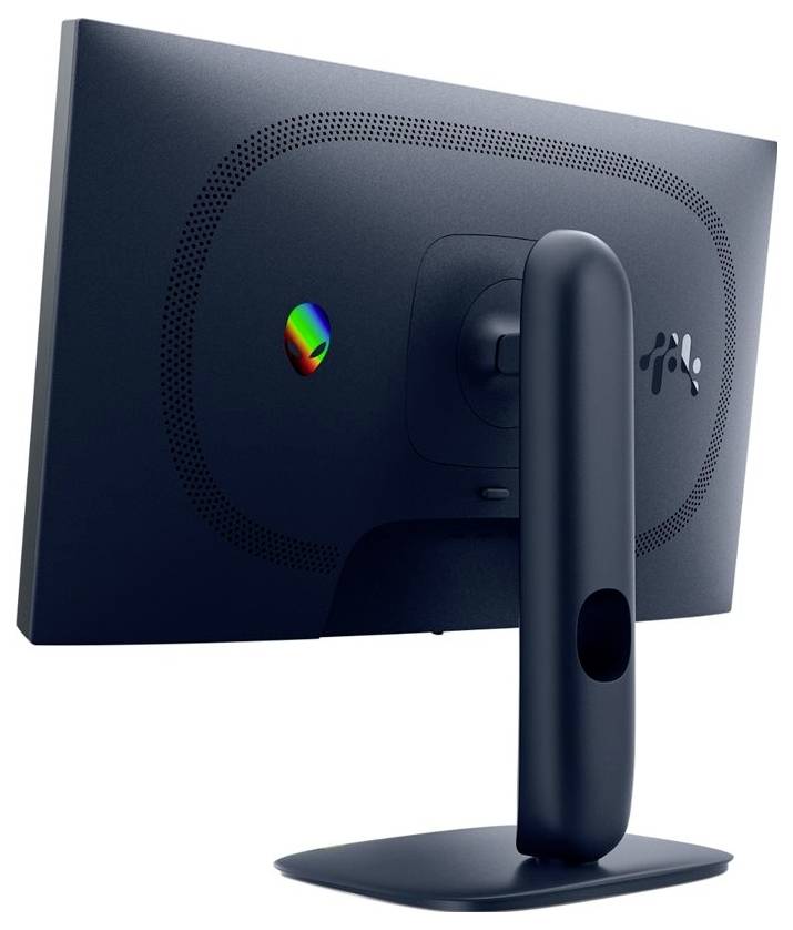 Een elegant, modern computermonitor gezien van achteren, met een minimalistische vormgeving, een stevig verticaal standaard en knopaccenten.