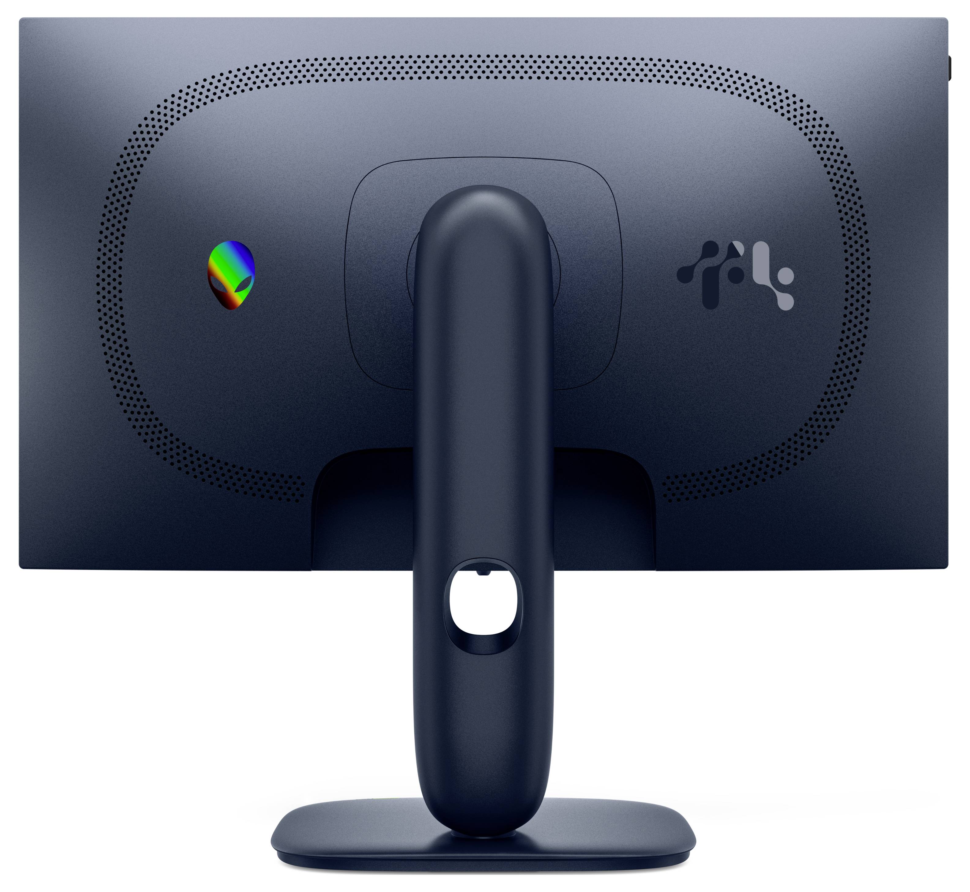 Achterkant van een donkergrijze computermonitor met een regenboogkleurige aan/uit-knop en twee ingebouwde logo's. De standaard heeft een centraal kabelgat.