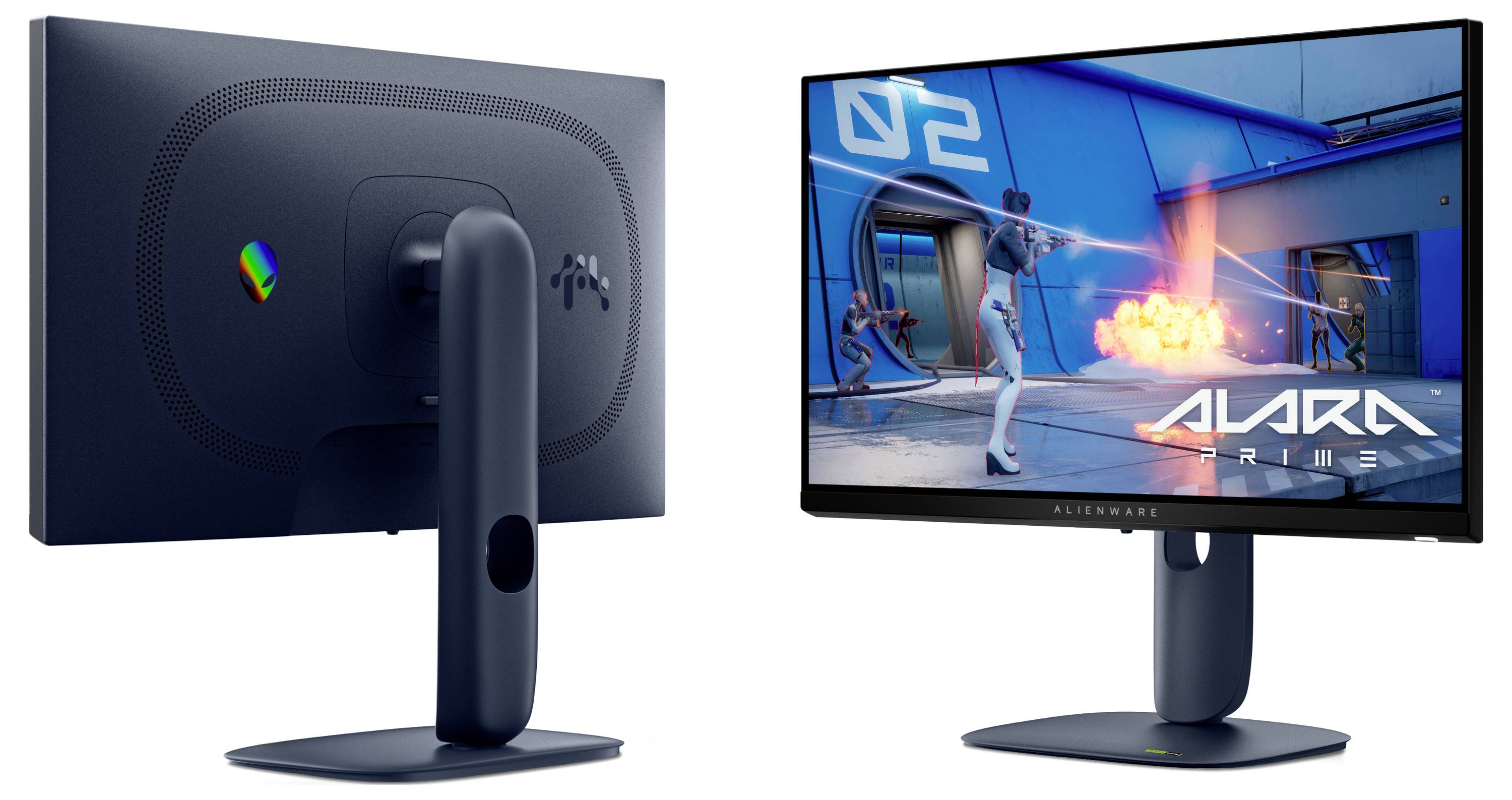 'Duaal uitzicht van een gamingmonitor: voorkant toont een sciencefiction-gamescène met een karakter dat op een vijand schiet. Achterkant toont de standaard van de monitor.'