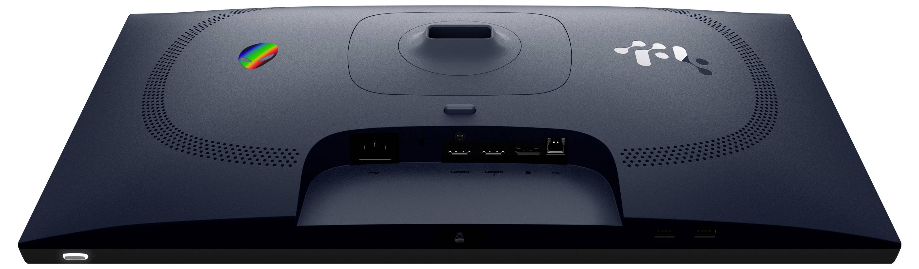 De afbeelding toont het achtergedeelte van een donker gekleurde computermonitor met aansluitingpoorten, ventilatie en een kleurrijk logo op de achterkant.