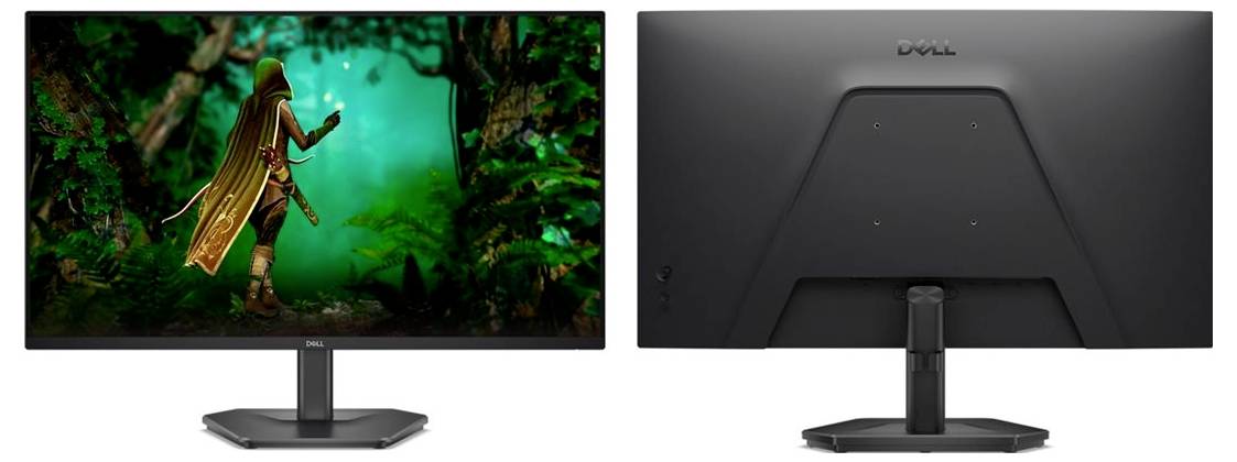 Voor- en achterzicht van een Dell-monitor. Het scherm toont een fantasiescène met een gehuld figuur in een weelderig, gloeiend woud.