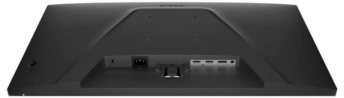 Achterkant van een zwarte computermonitor met verschillende poorten, waaronder HDMI, DisplayPort en stroomtoevoer.