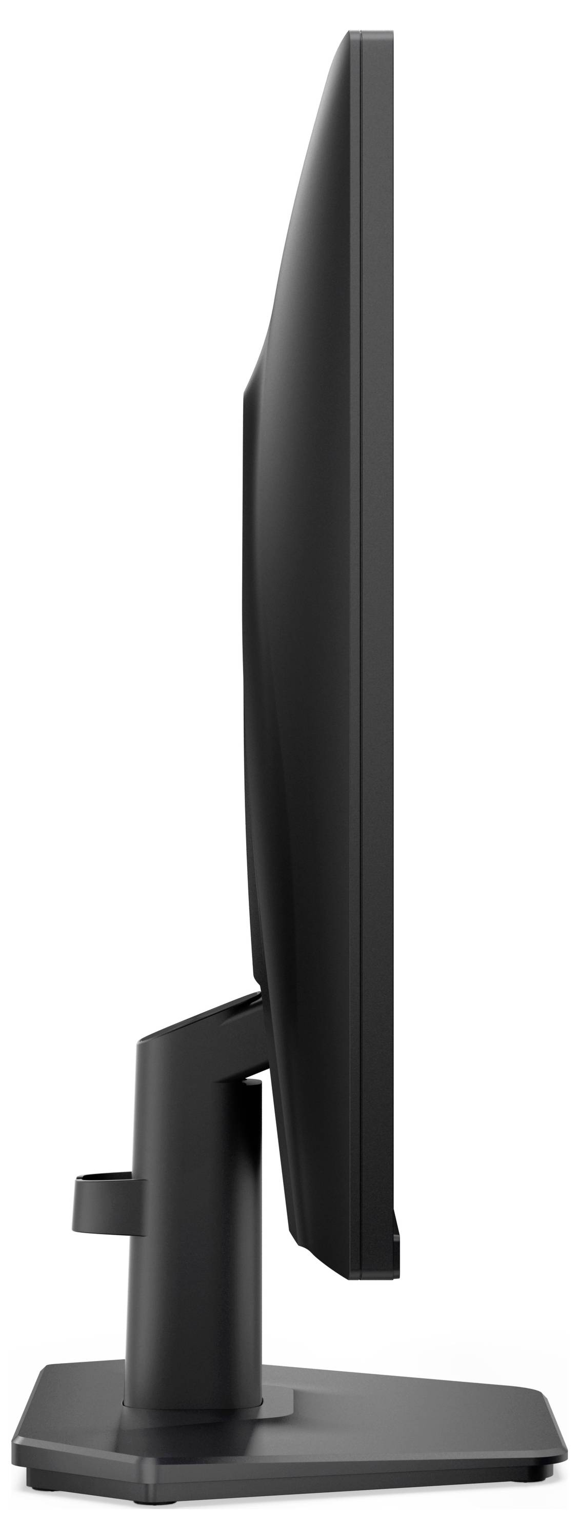 Een slanke, moderne computermonitor gezien van opzij, met zijn dunne profiel en stevig onderstel, geschikt voor stijlvolle bureauopstellingen.