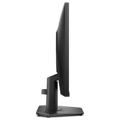 Een zijanzicht van een slanke, moderne computermonitor met een minimalistische voet, die het dunne profiel en het elegante ontwerp benadrukt.