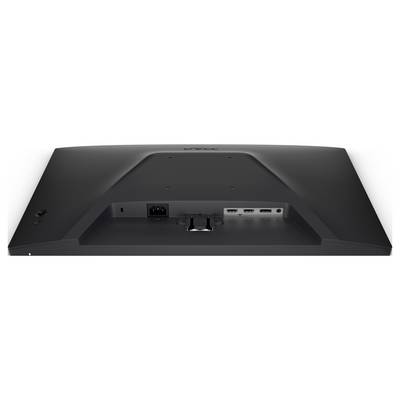 Een zwarte Dell-monitor achteraanzicht met zicht op de aansluitingen: twee HDMI, één DisplayPort en een stroomconnector.