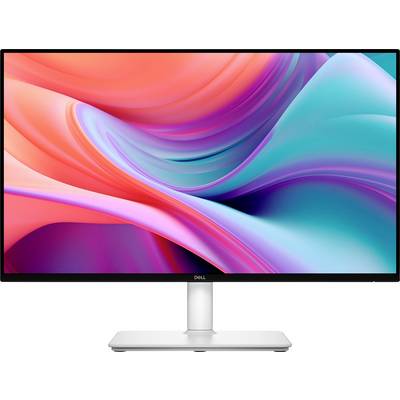 Een Dell-monitor toont een levendige abstracte ontwerp met kolkende roze, rode en turquoise kleuren, waardoor een dynamisch visueel effect ontstaat.