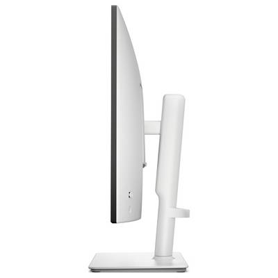 Zijaanzicht van een dunne, moderne computermonitor met een wit standaard, die het slanke profiel laat zien.