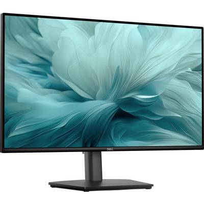 Een modern Dell-computermonitor die een abstract turquoise bloem met gedetailleerde bloemblaadjes op het scherm weergeeft.