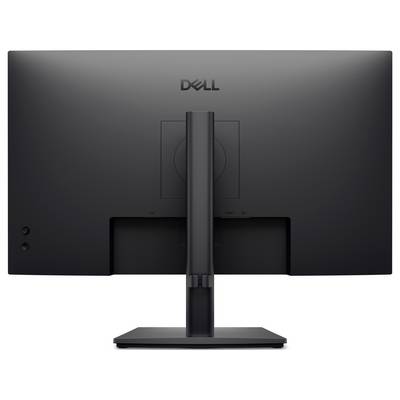 Een zwarte Dell-computermonitor van achteren gezien, met een eenvoudige standaard en Dell-logo erboven.