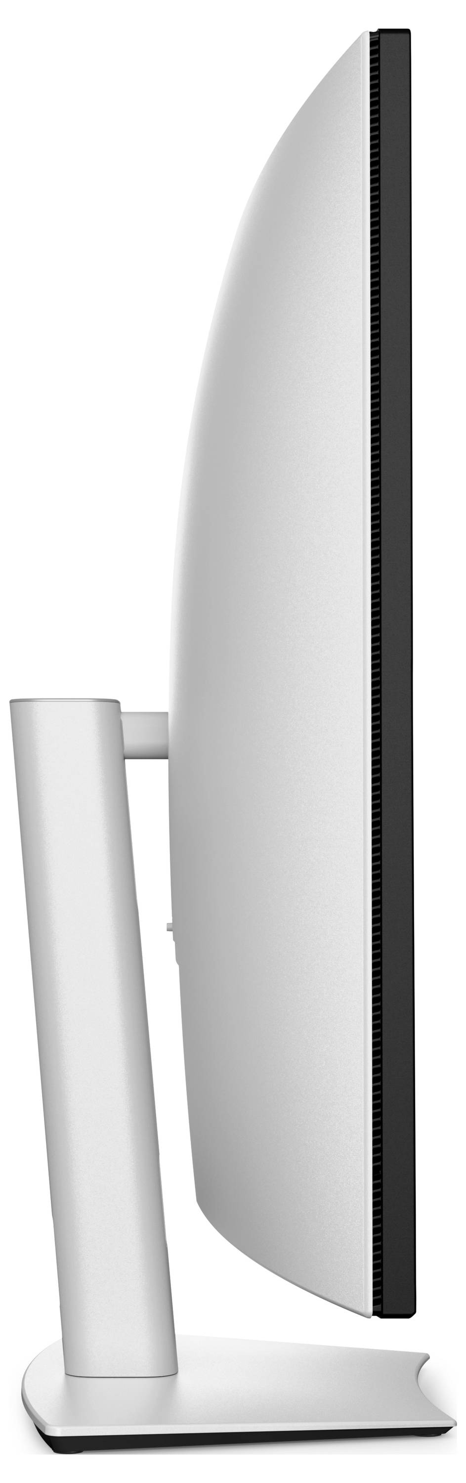 Een zijanzicht van een moderne computermonitor met een smal profiel en gebogen ontwerp, dat het slanke en minimalistische design laat zien.