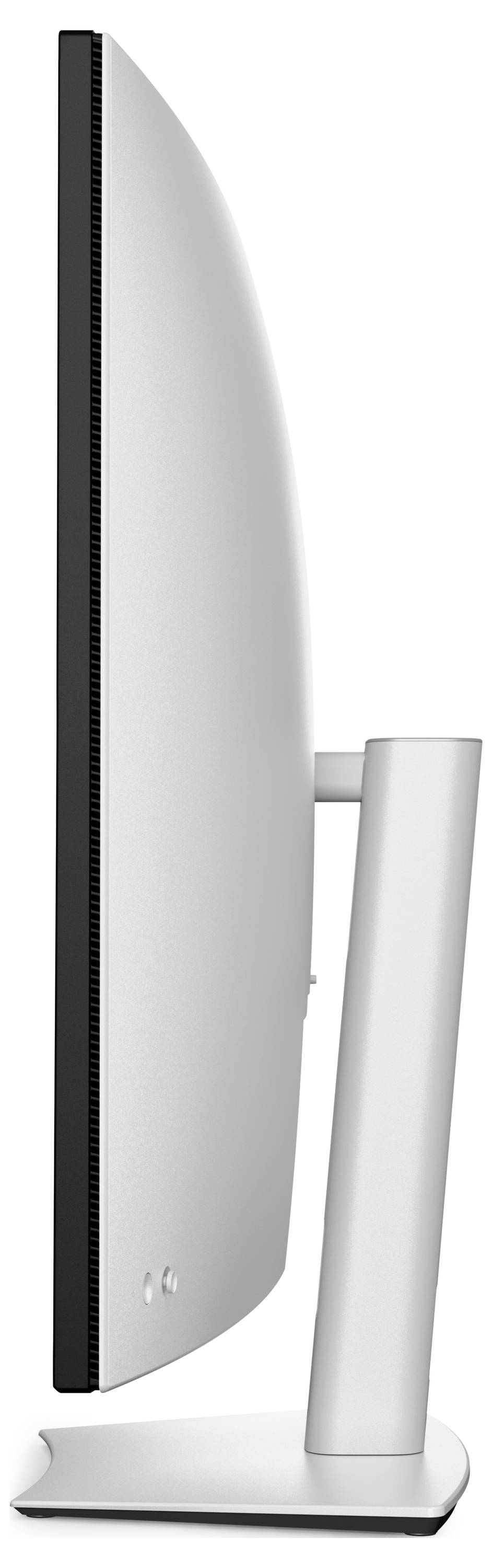 Een slanke, moderne, dunprofielcomputermonitor gezien van opzij, met zijn minimalistische standaard en gebogen achterkant.