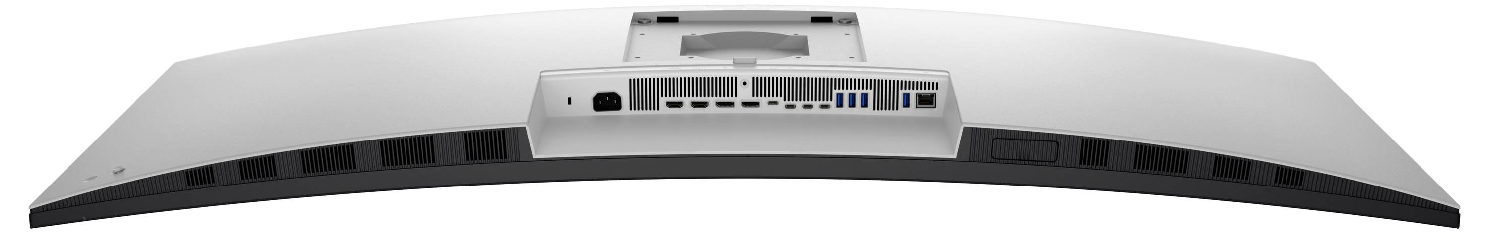 Gebogen monitor achteraanzicht met verschillende poorten waaronder HDMI, USB en Ethernet, met ventilatie langs de onderrand.