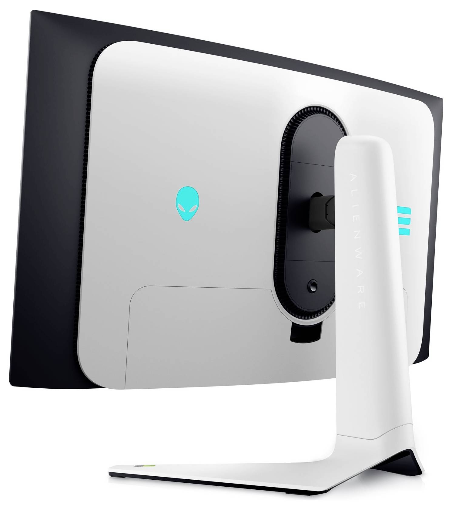De afbeelding toont de achterkant van een witte Alienware gaming-monitor met een slanke vormgeving, voorzien van een alien-logo en LED-accenten.