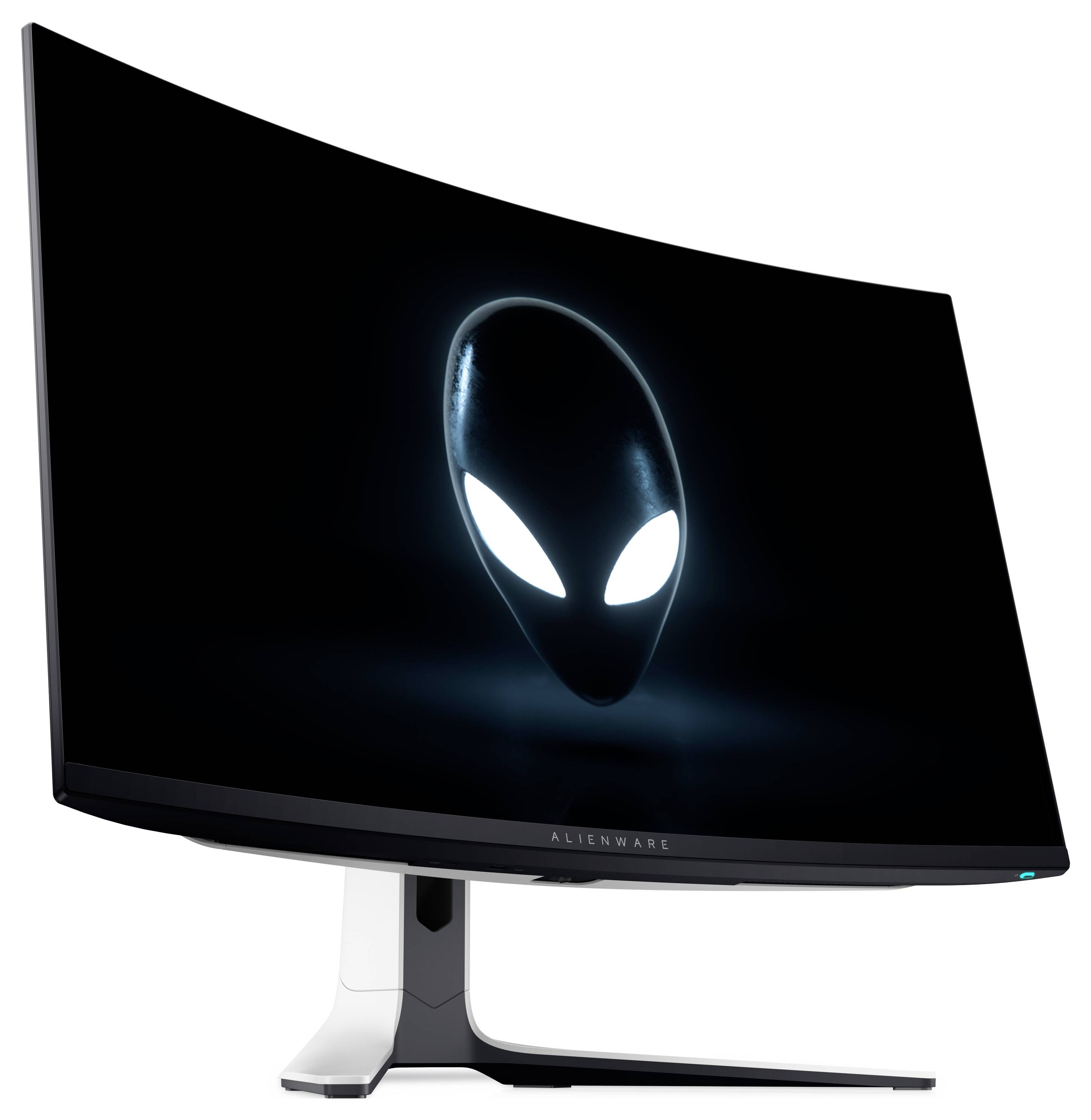 Een gebogen Alienware-gamingmonitor met een verlicht alienhoofdembleem op een donker scherm.