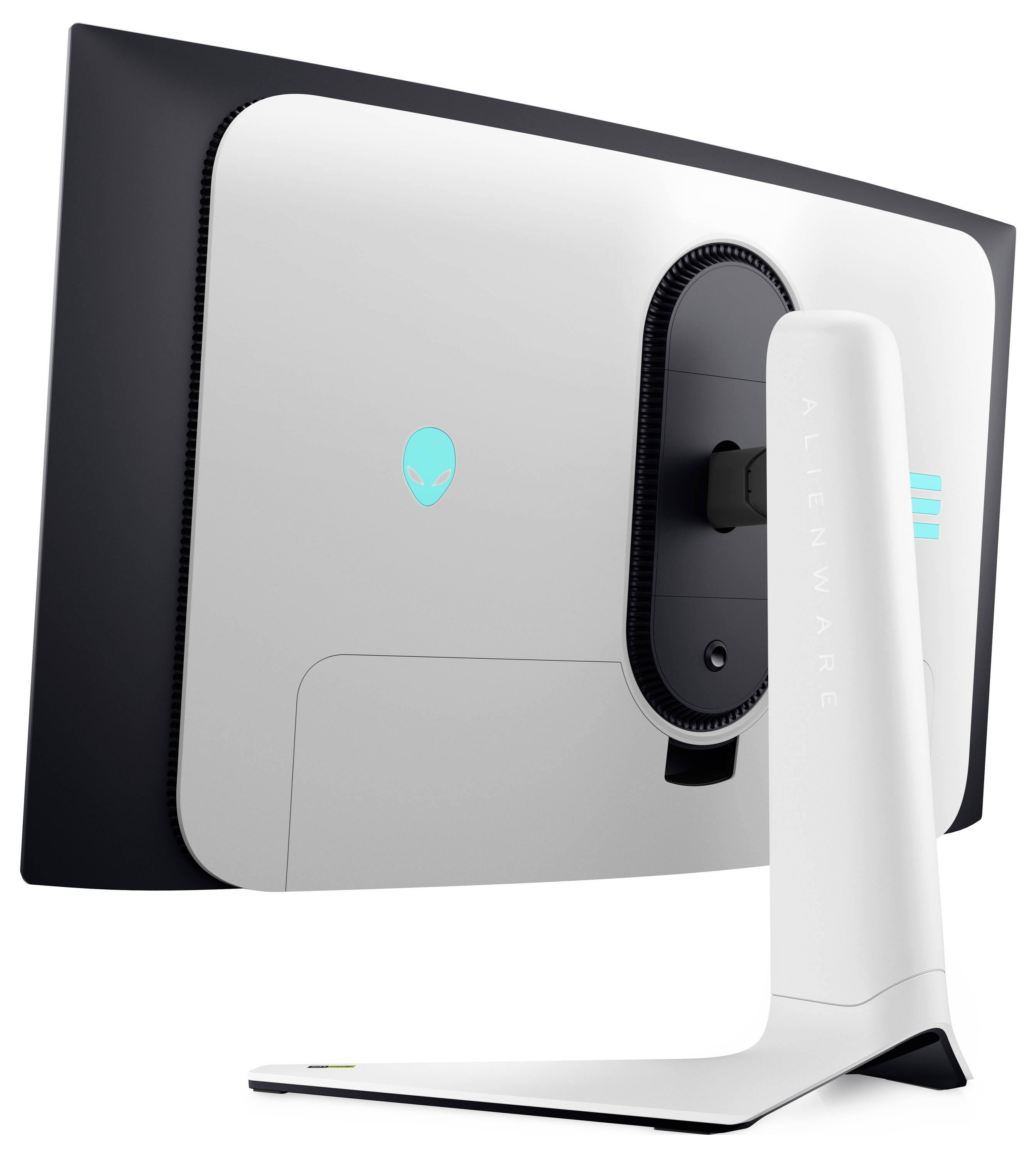 Achteraanzicht van een witte gebogen computermonitor met verschillende poorten en ventilatierooster voor connectiviteit en koeling.