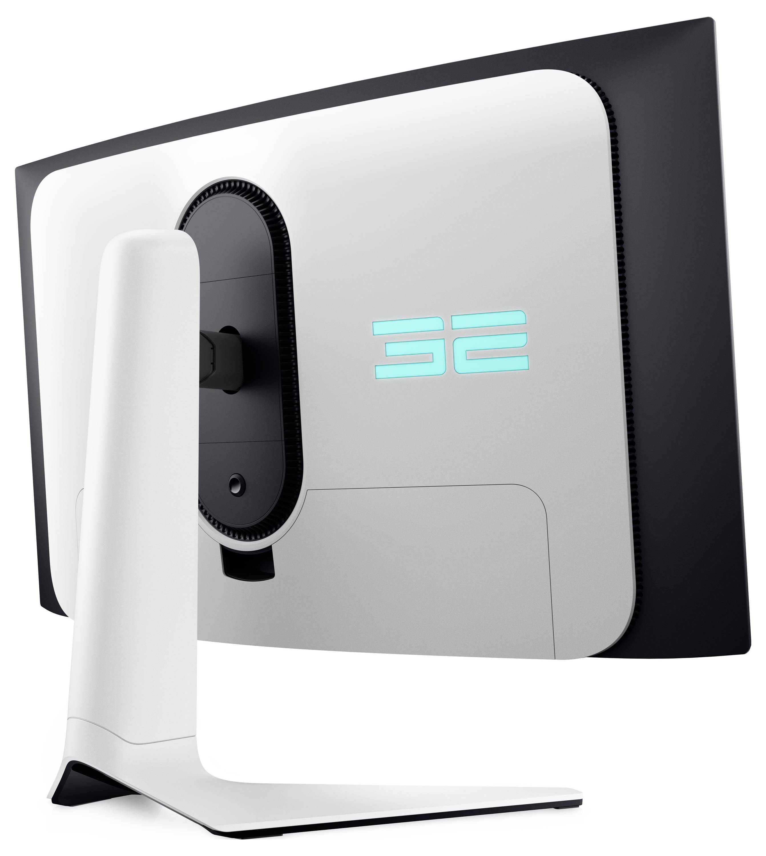 Een modern, wit computerbeeldscherm gezien van achteren, met een gloeiend blauw logo en een uniek standaardontwerp.