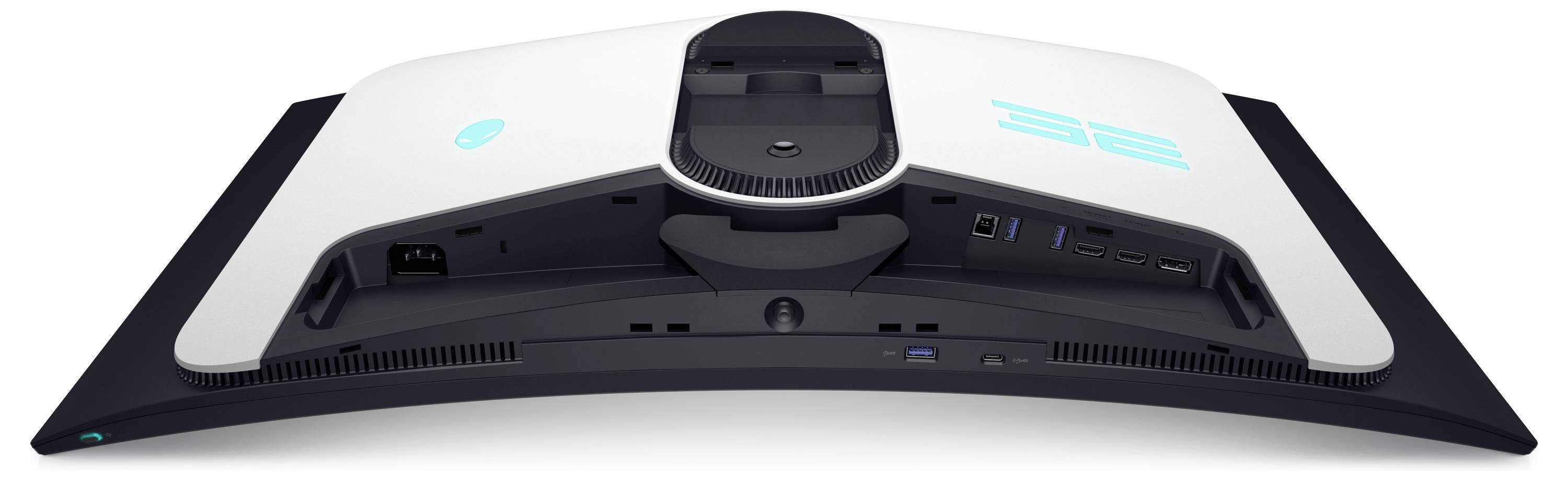 Een gebogen gamingmonitor van achteren gezien, met zichtbare poorten, branding en een stijlvol ontwerp met accenten.