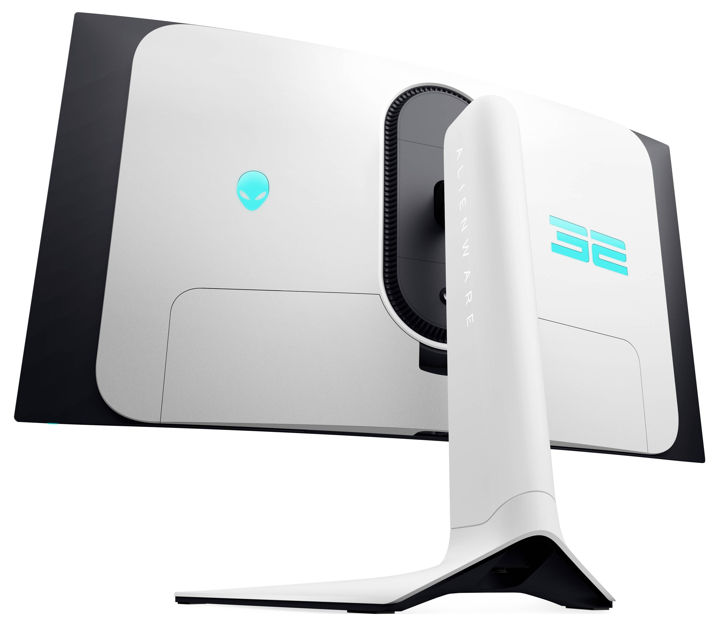 Een slanke gebogen gamingmonitor met een wit en zwart ontwerp, met een alienhooflogo op de achterkant en '32' in blauw.