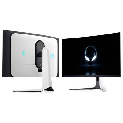 Gebogen computermonitor in profielweergave die een verlicht logo van een buitenaards hoofd op een zwart scherm weergeeft, met een slanke, moderne standaard.