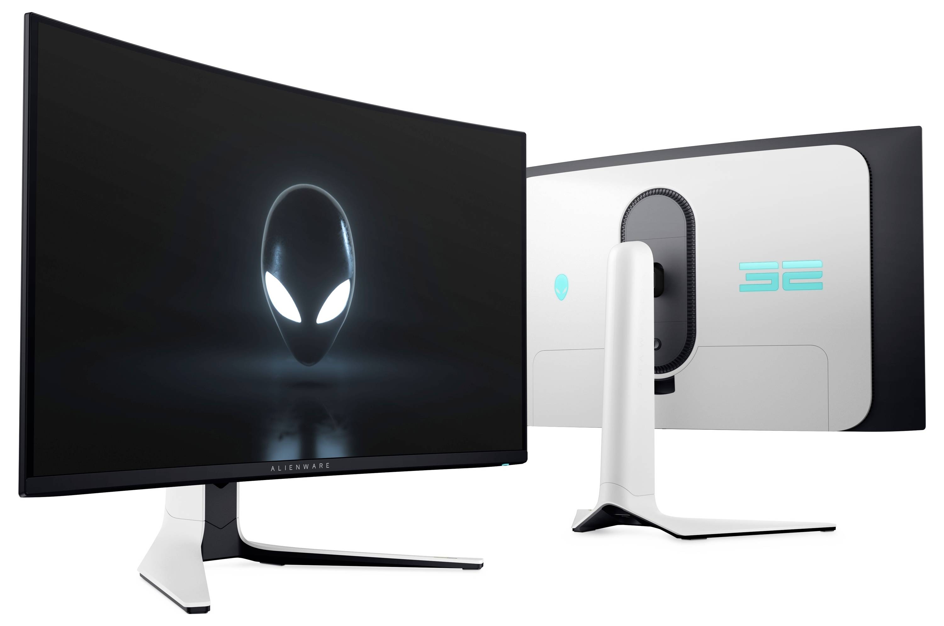 Een Dell-monitor toont een levendig beeld van een gesilhouetteerde persoon die tegenover een massief, wervelend, tentakelbezet wezen staat onder een kleurrijke lucht.