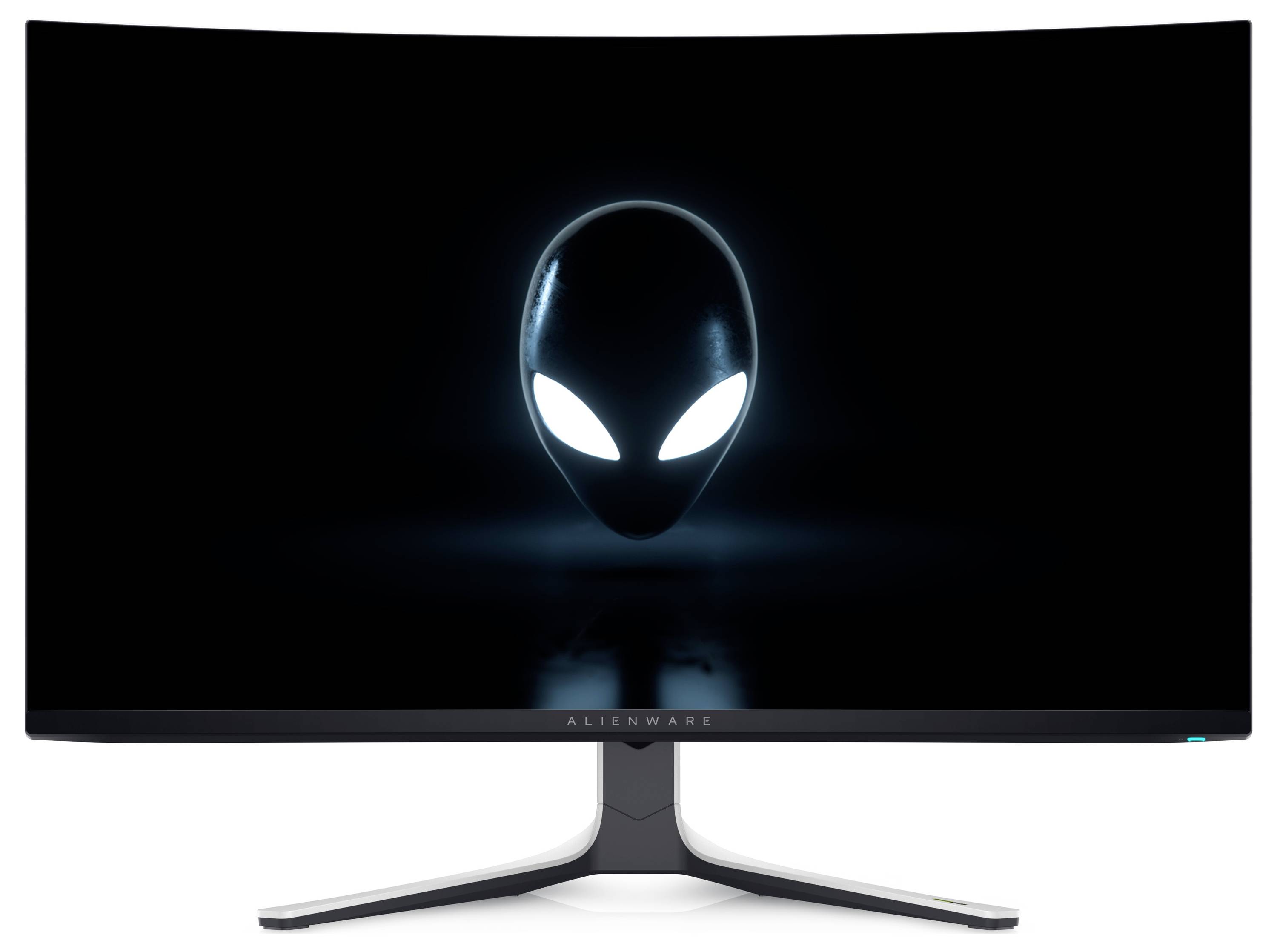 Gebogen computermonitor die een gloeiend alienhoofdembleem op een zwart scherm weergeeft.