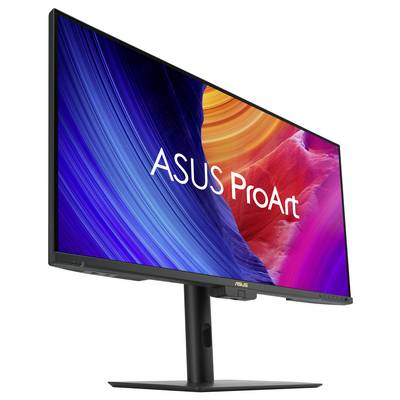 Een computermonitor die het 'ASUS ProArt'-logo weergeeft op een levendige, veelkleurige abstracte achtergrond, met een slanke, modern ontwerp.