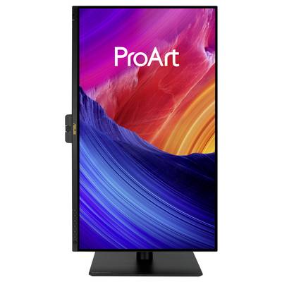 Een monitor die een kleurrijk abstract ontwerp toont met wervelende rode, oranje, paarse en blauwe patronen; er staat 'ProArt' tekst bovenaan.