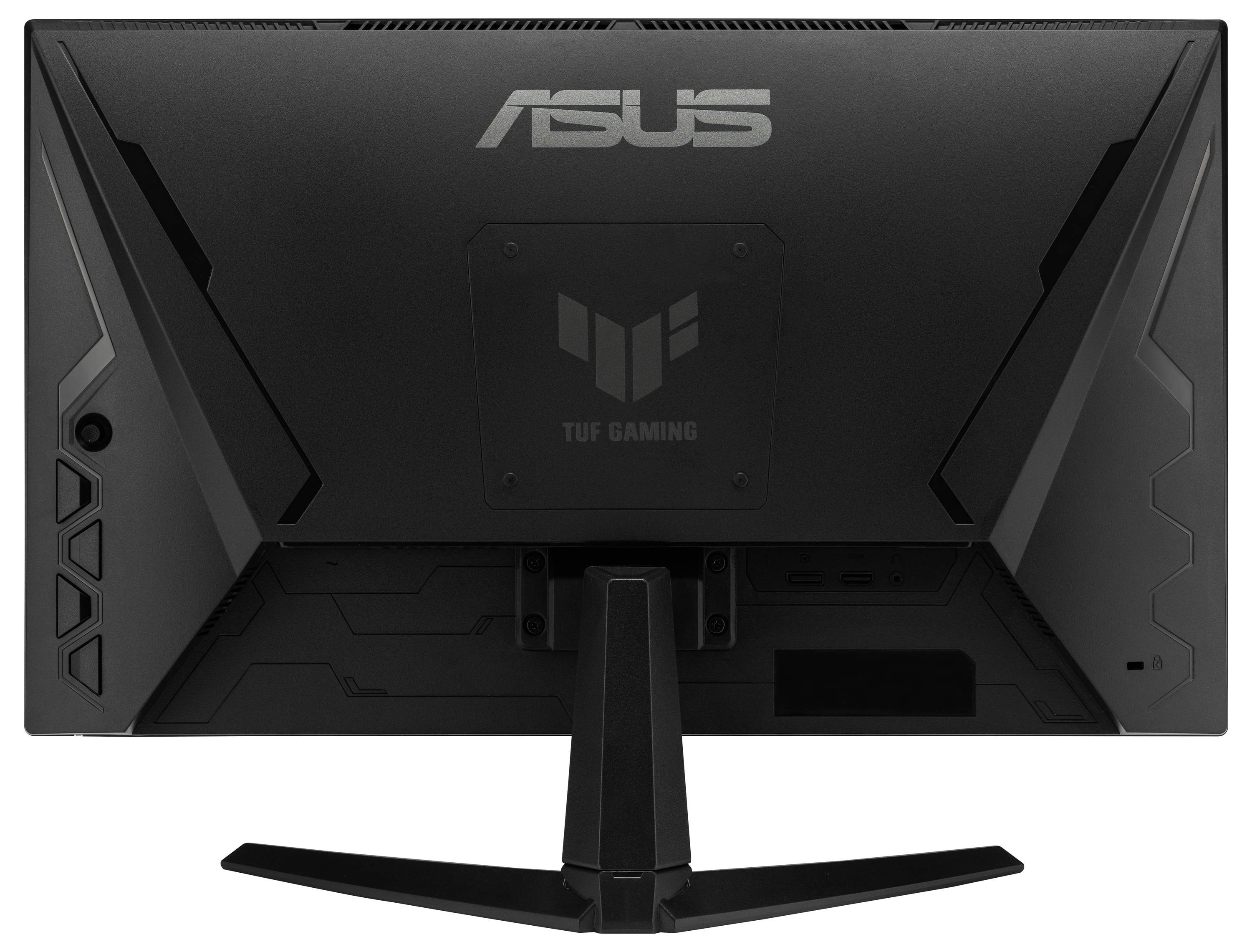 Een zwarte ASUS TUF Gaming-monitor wordt van achteren getoond, met een standaard en geometrische ontwerpdetails met het ASUS-logo bovenaan.