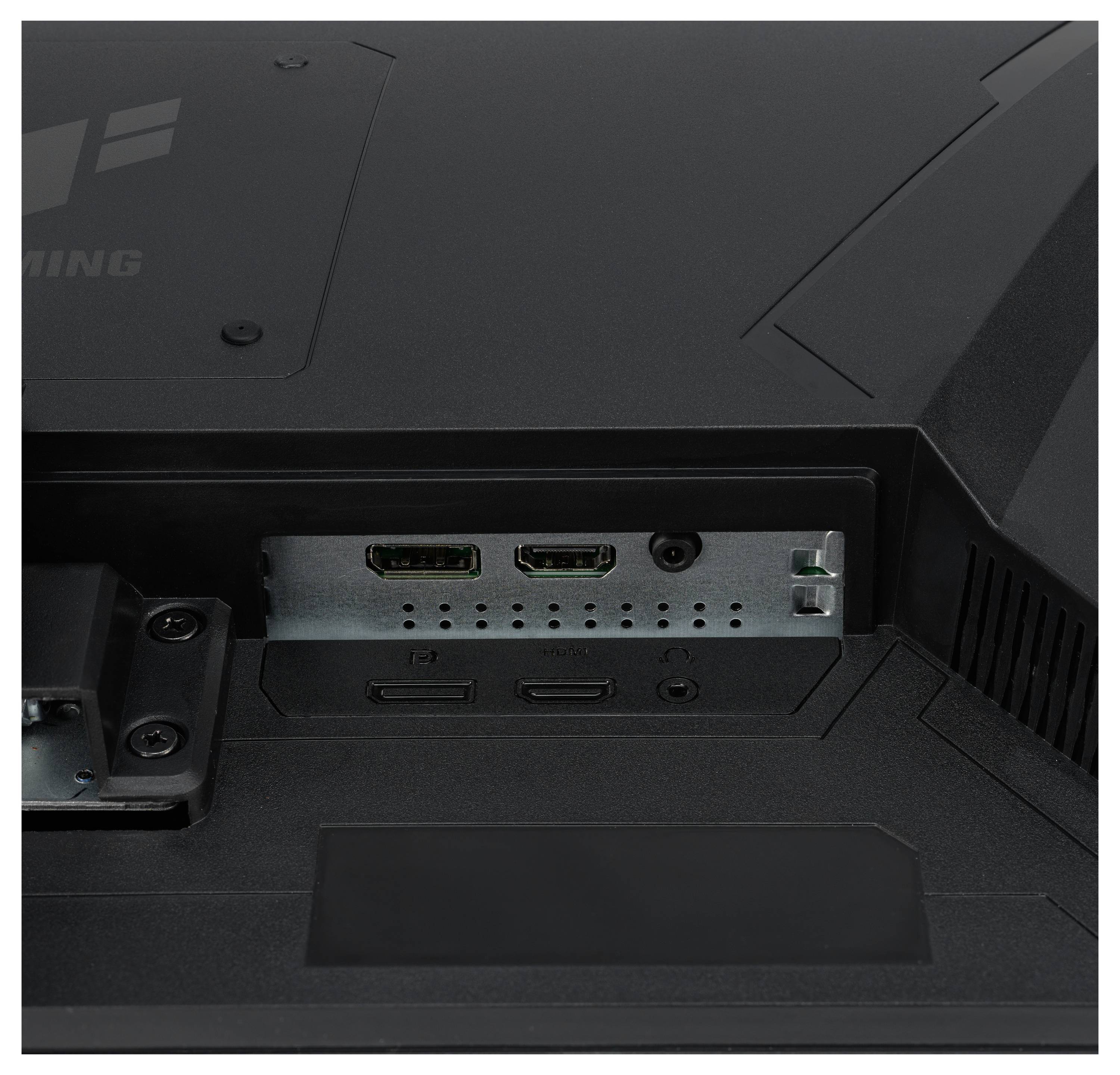 'Achterpaneel van een gaming-monitor met HDMI- en DisplayPort-ingangen, omgeven door een zwarte behuizing en ventilatieopeningen.'