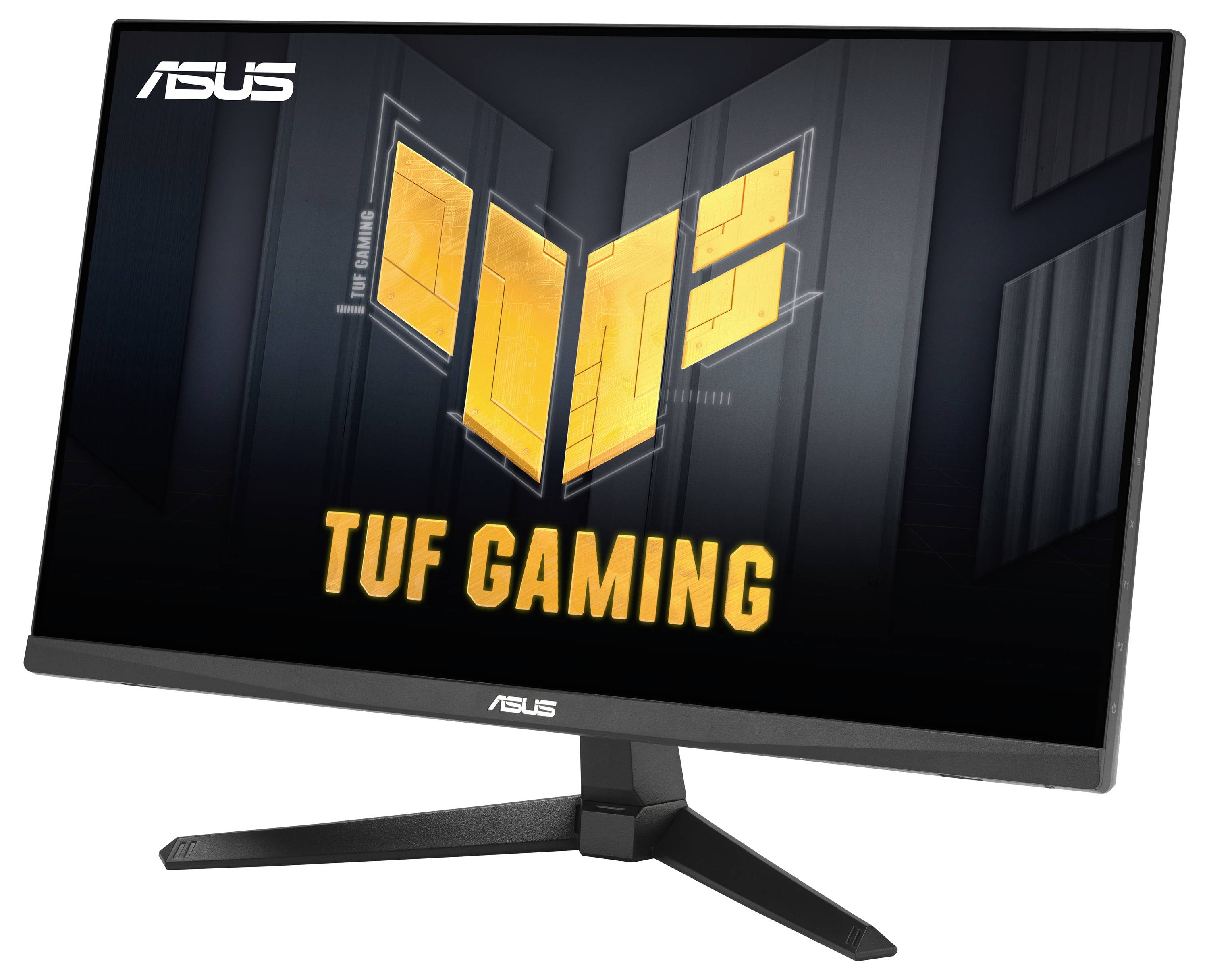 ASUS TUF Gaming-monitor met een elegant design, met een levendig scherm dat het TUF Gaming-logo weergeeft. Ideaal voor meeslepend gamen.