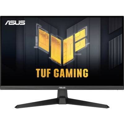 ASUS TUF Gaming monitor met zeshoekig oranje logo en tekst op het scherm.