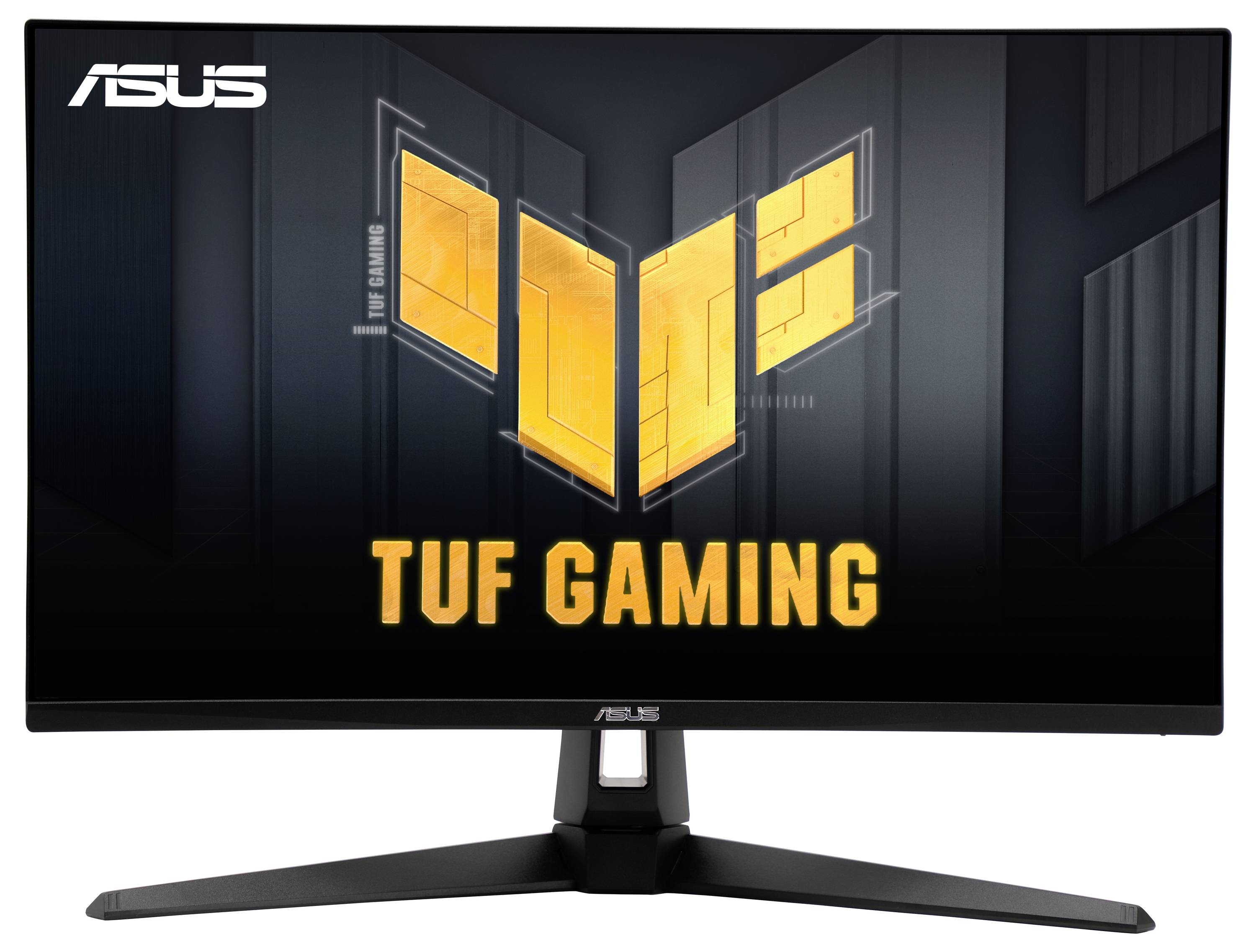ASUS TUF Gaming-monitor met een breedbeeldscherm en een standaard. Het logo en merknaam zijn prominent zichtbaar in de afbeelding.