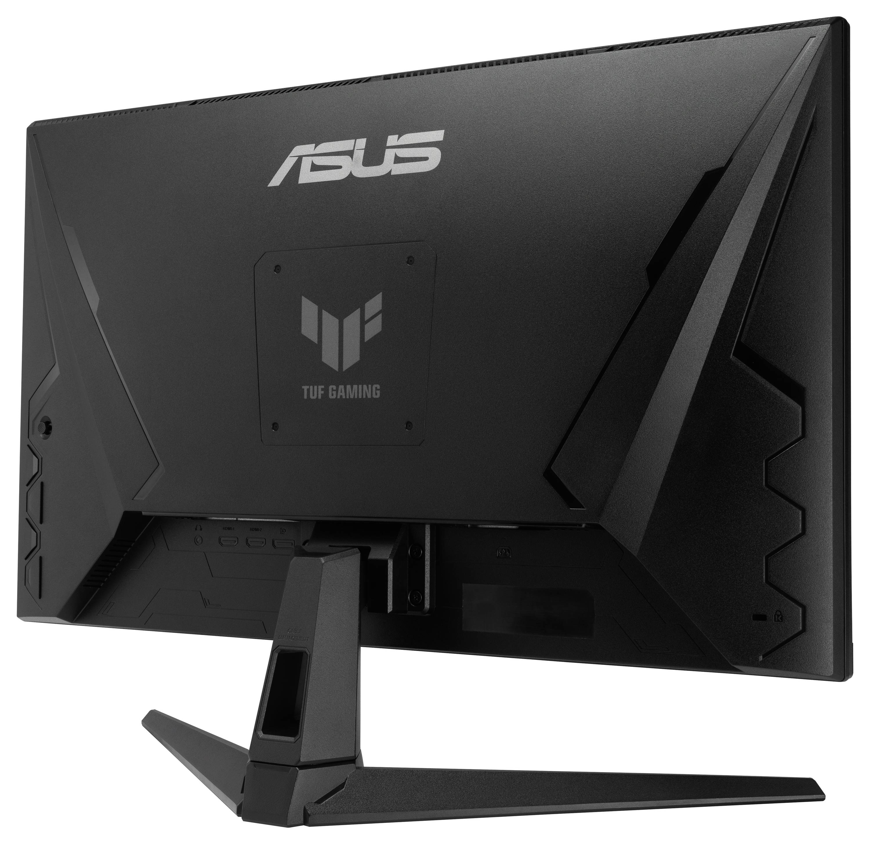 Achterkant van een TUF Gaming ASUS-monitor met een V-vormige standaard, met hoekige ontwerpdetails en branding.