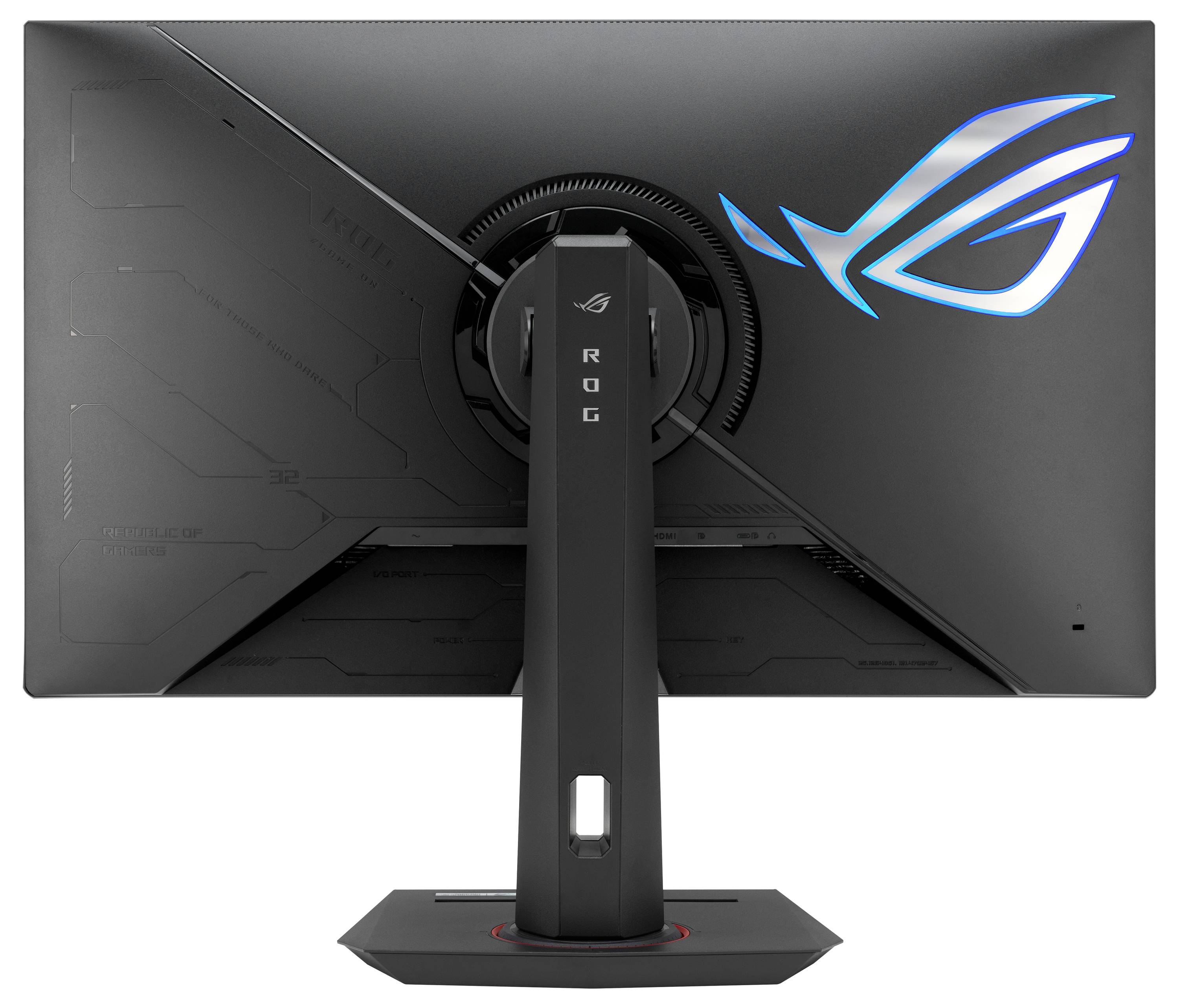 Een gamingmonitor gezien van achteren, met een gestyleerde LED-logo die in het blauw oplicht met een slank, hoekig ontwerp.