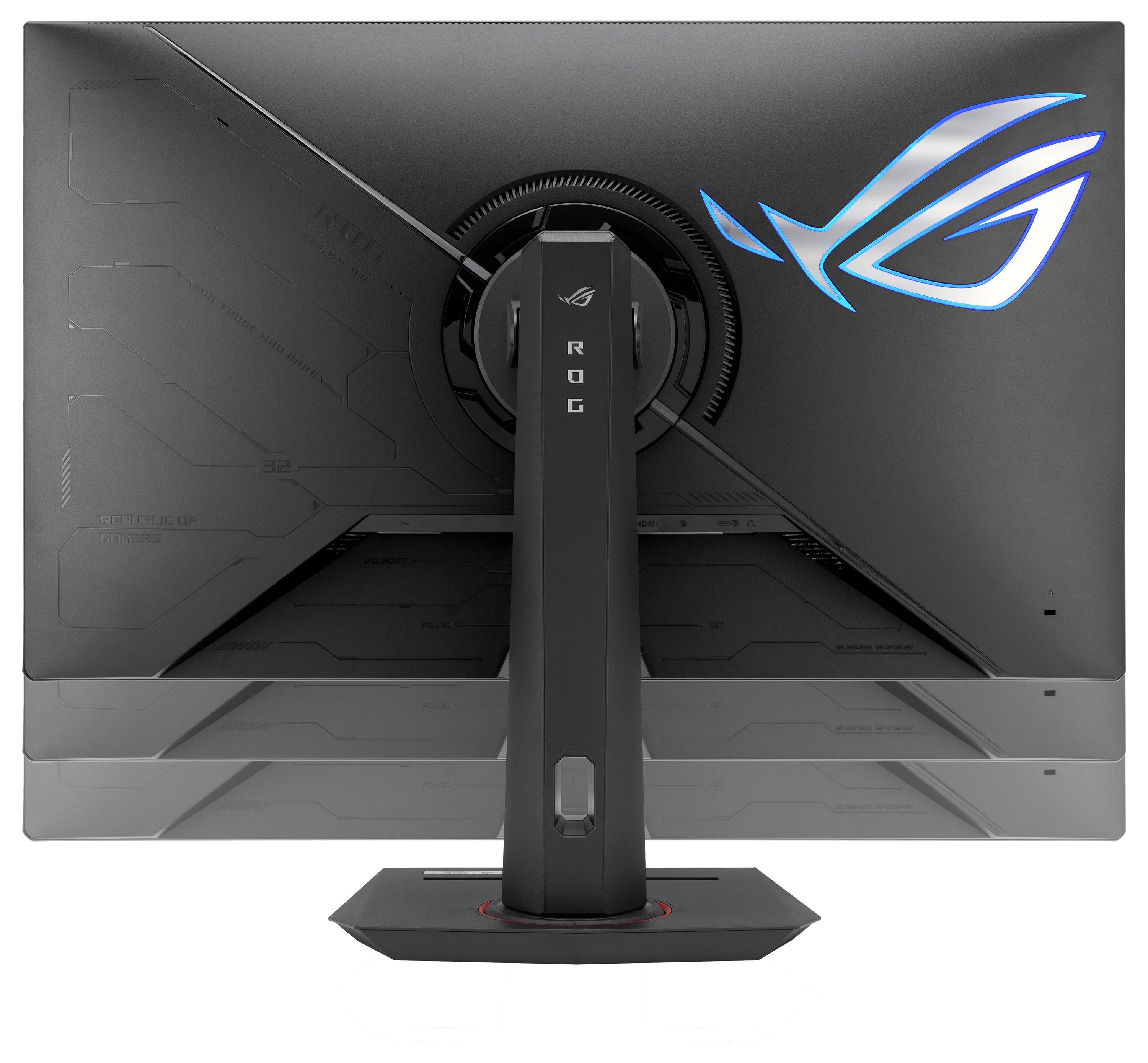 De achterkant van een gamingmonitor met een strak design en verlicht logo.