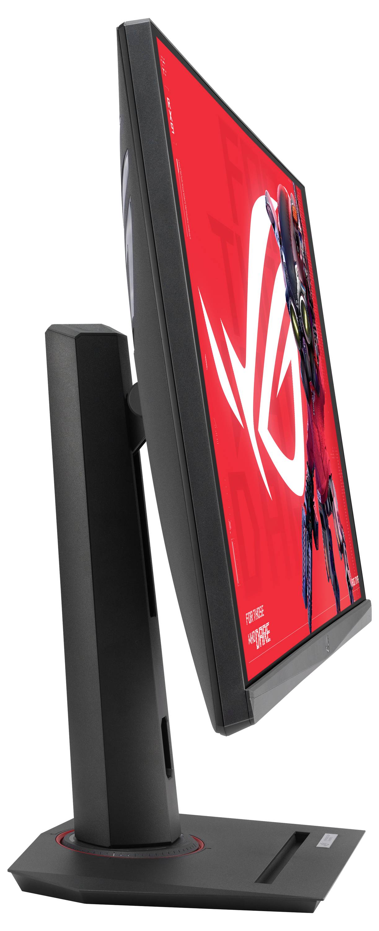 Zijaanzicht van een zwarte computermonitor op een standaard, die een levendige rode scherm met futuristische grafische elementen weergeeft.