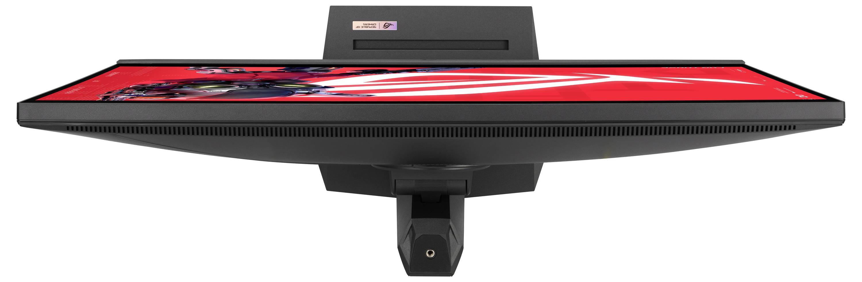 'Een zwart flatscreen-monitor met een levendig rood beeld met strepen van witte en zwarte abstracte elementen, bekeken vanuit een bovenaanzicht.'